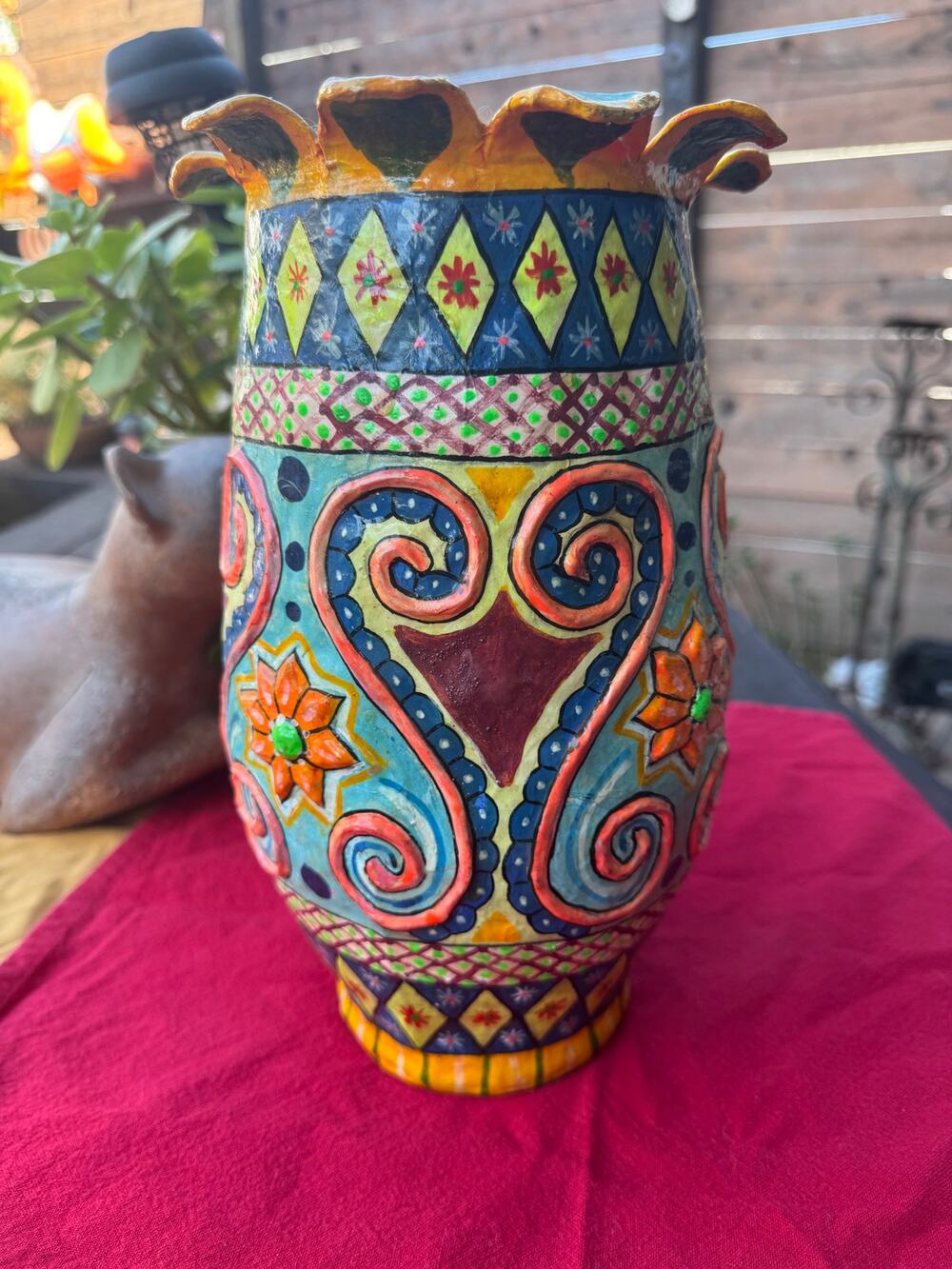Vintage Signed Mexican Folk Art Paper Mache Vase 11" Mid Century Geometric